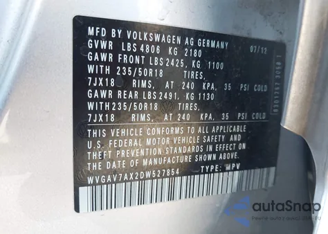 2013 Volkswagen Tiguan Se z USA, uszkodzony, nr VIN WVGAV7AX2DW527854